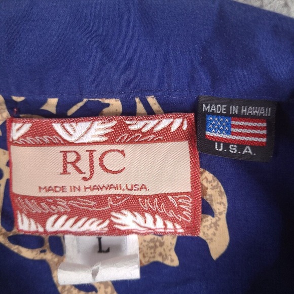 Vintage RJC Hawaiian Shirt Mens Large Blue‎ Tribal Turtle Button Down USA Made - Picture 4 of 15